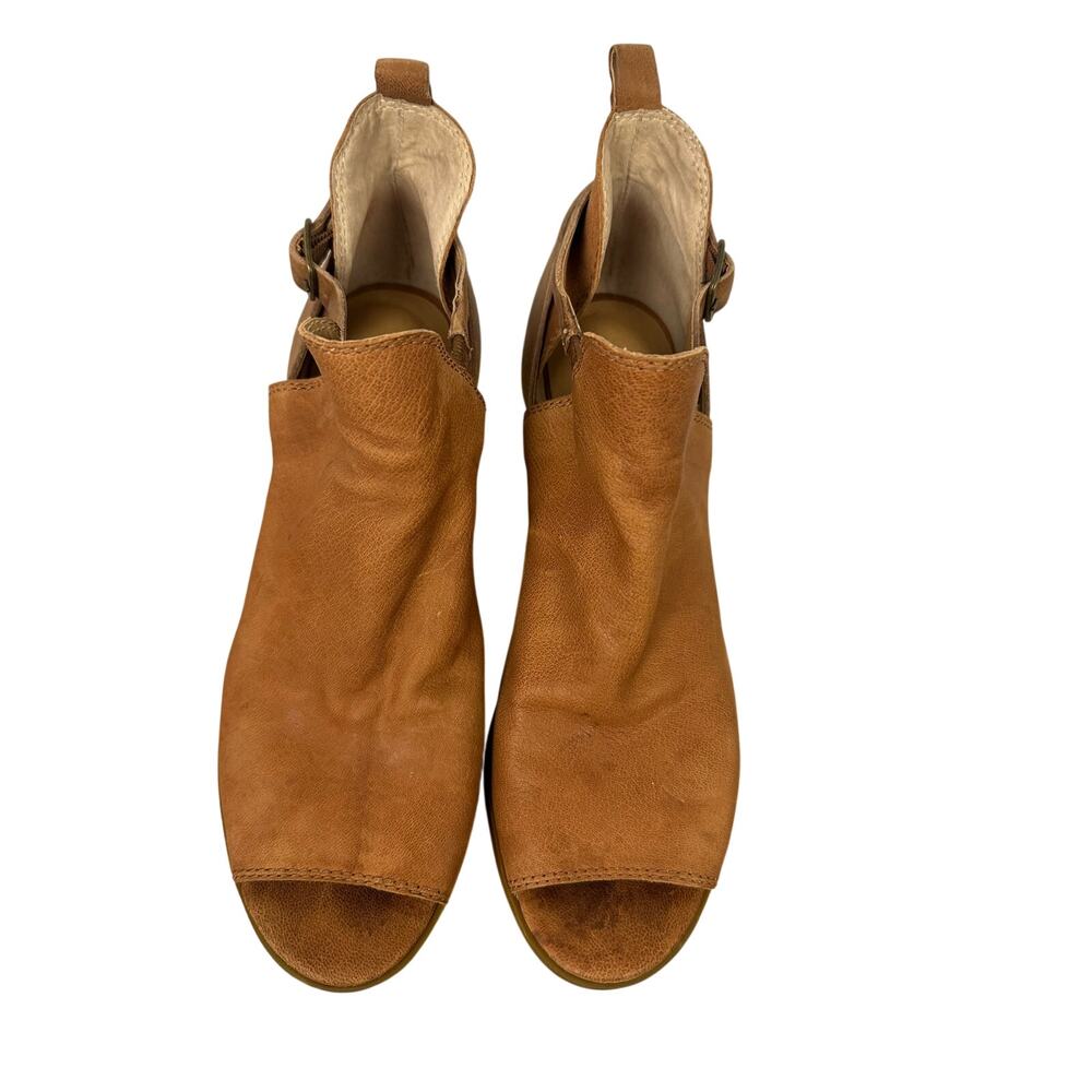 Lucky Brand booties feature a distinct side buckle and open toe design 8.5